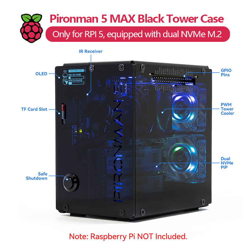 Pironman 5 MAX, Black Tower Ca - Argon One V3 M.2 Nvme Case recension och pris